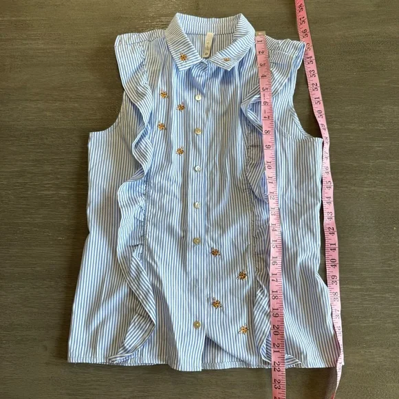 Bee Embroidered Sleeveless Button Down Blouse Ruffle Blue White Sybilla S - Picture 9 of 9
